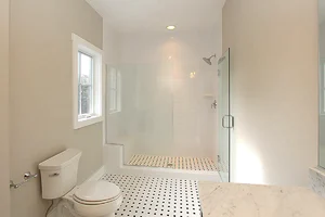 Bright bathroom remodel with walk-in shower, glass enclosure, and patterned tile flooring completed by Blue Horizon Renovations.